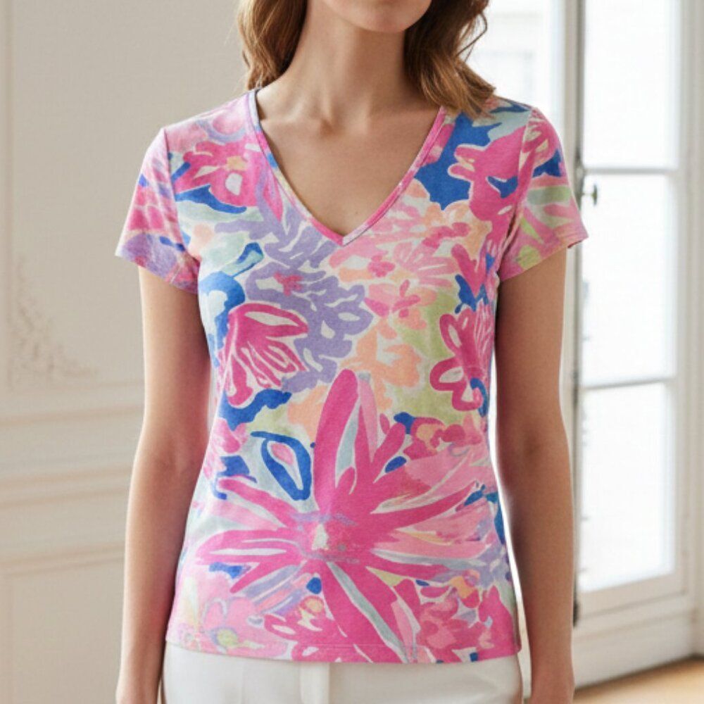 Lilky Pulitzer Playa Hermosa Floral V-Neck Women’s Pink and Blue Top Size Small